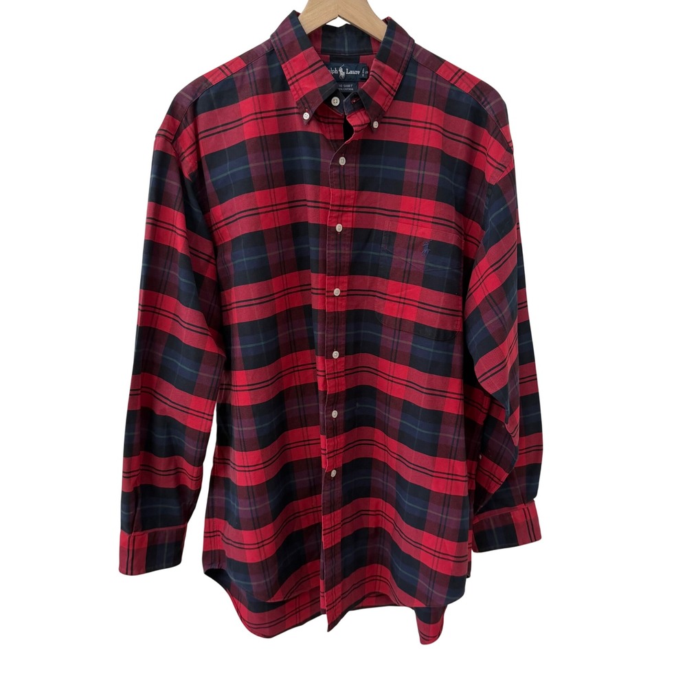 Ralph Lauren Big Shirt Large Red Plaid Cotton Button Down Long Sleeve Pony Logo